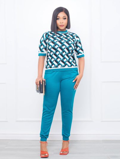 TEAL BLUE WITH WHITE PATTERN TROUSER SET