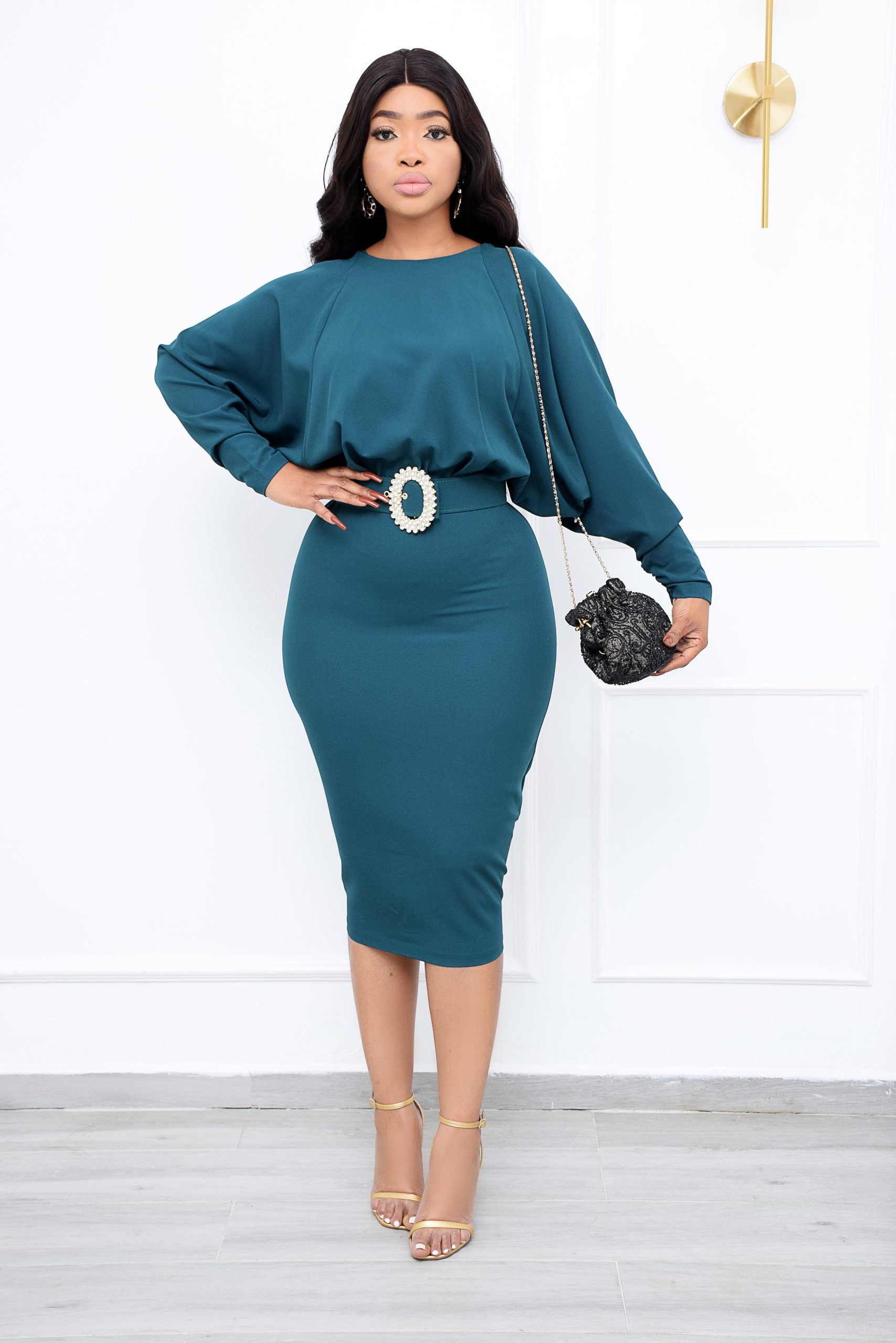 GREEN BAT-WING BELTED DRESS | Andrias World