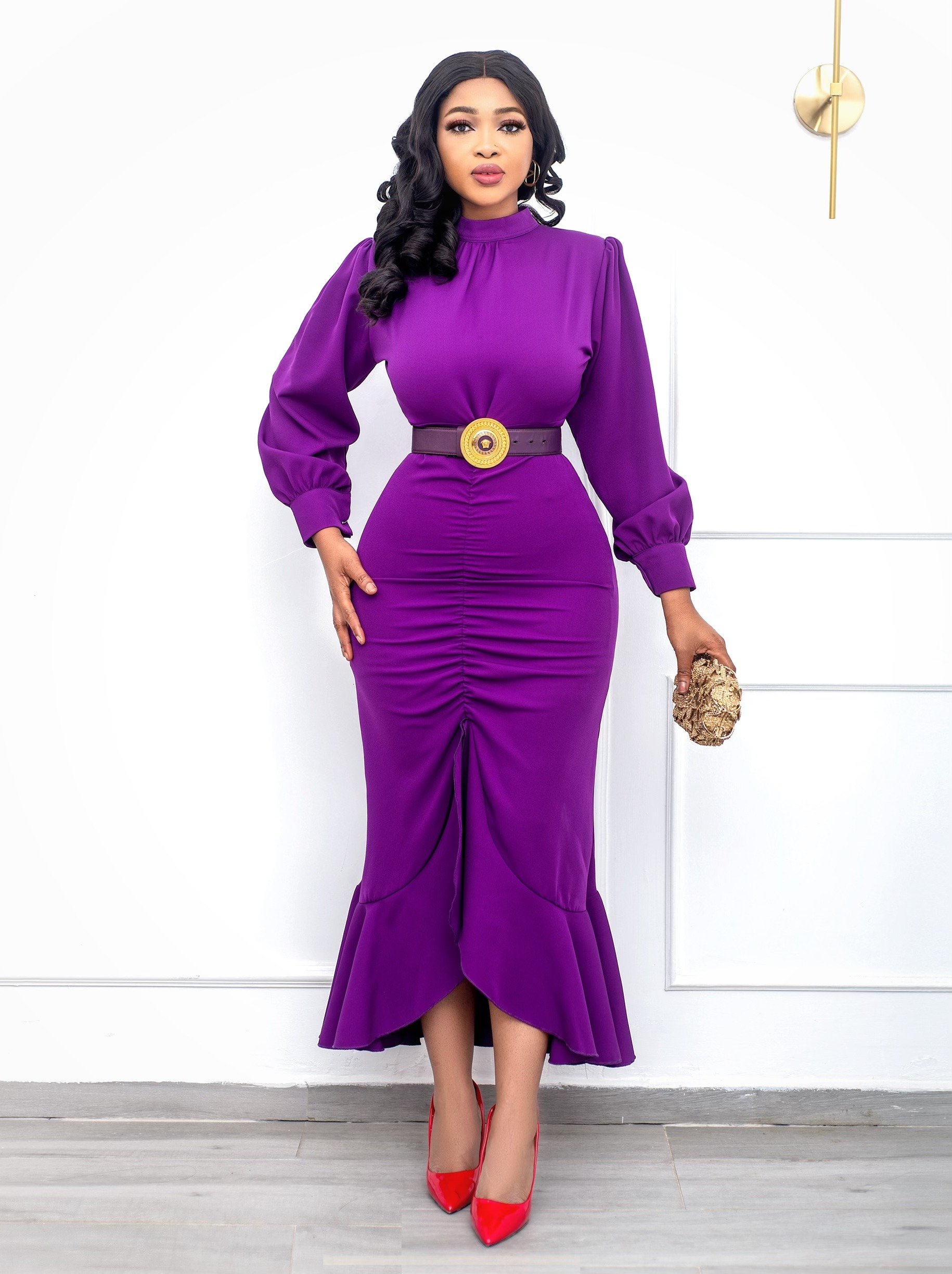 PURPLE RUCHED DRESS WITH FISH TAIL | Andrias World