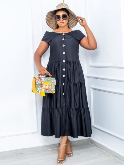BLACK NOTCHED COLLAR BUTTON DOWN DRESS