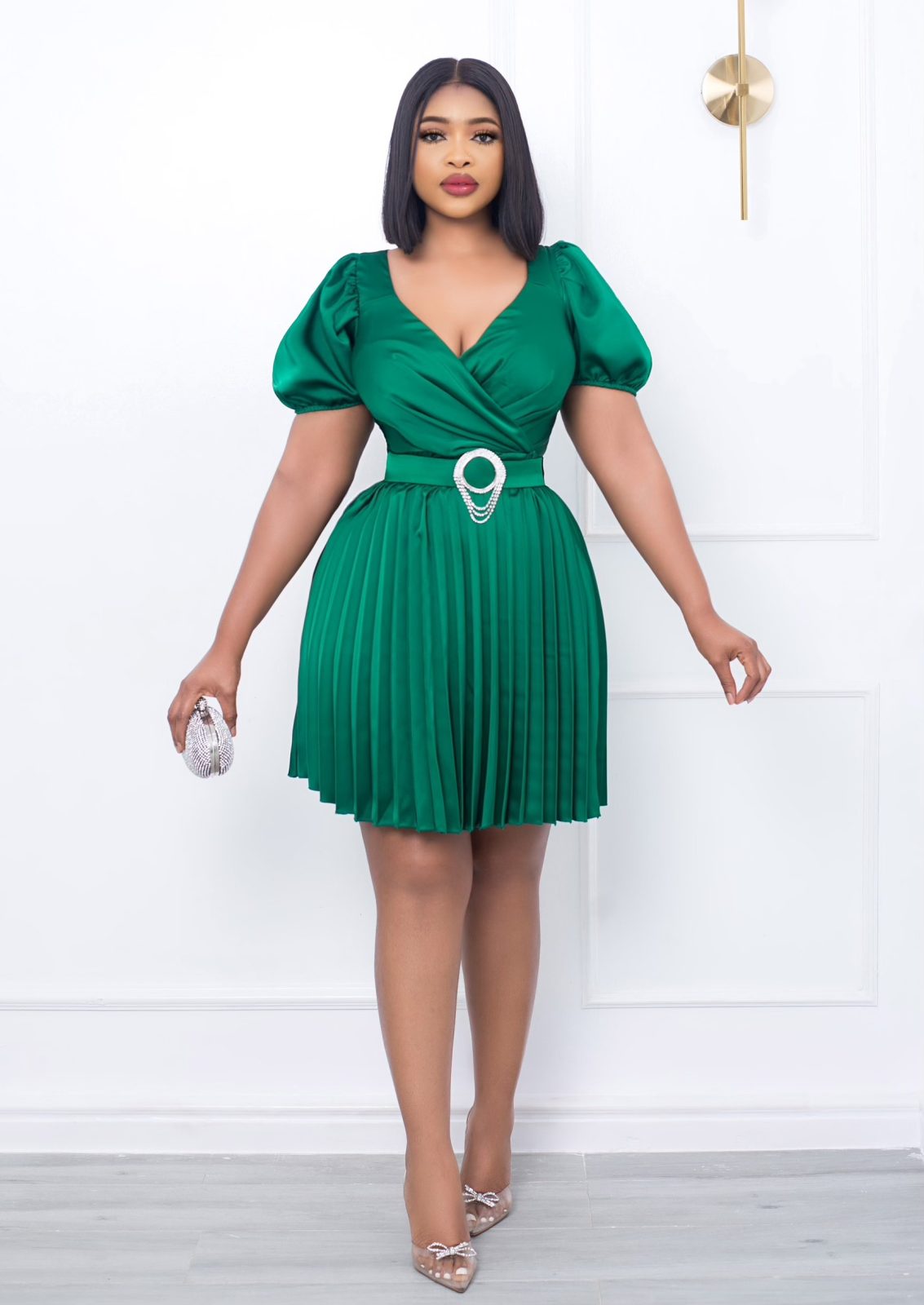GREEN SILK BELTED PLEATED DRESS | Andrias World