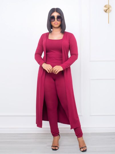Four Piece Burgundy Kimono with Jeggings and Nose Mask Set