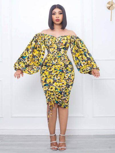 Yellow Multicol Floral Off-Shoulder Puffy Sleeve Dress with Adjuster