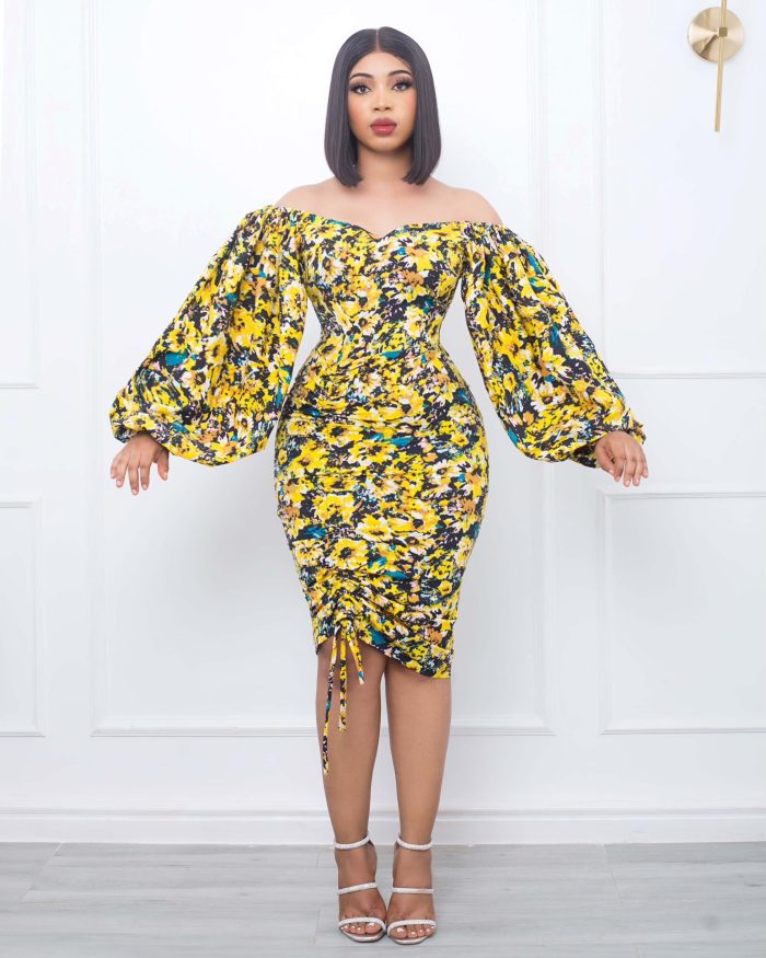 Yellow Multicol Floral Off-Shoulder Puffy Sleeve Dress with Adjuster