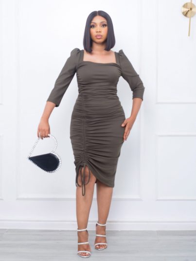 ARMY GREEN SIDE RUSHED DRESS