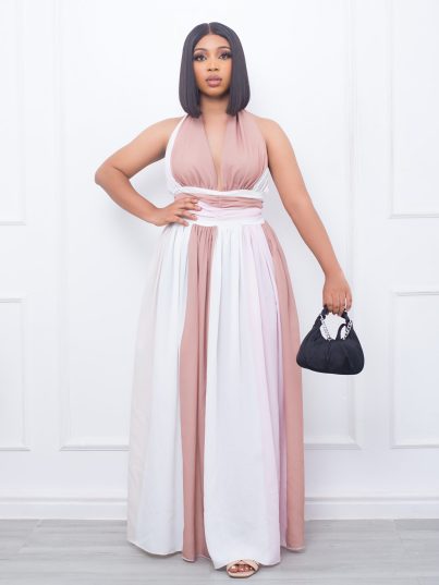 Pink/Nude and White Strip Halter Neck Dress