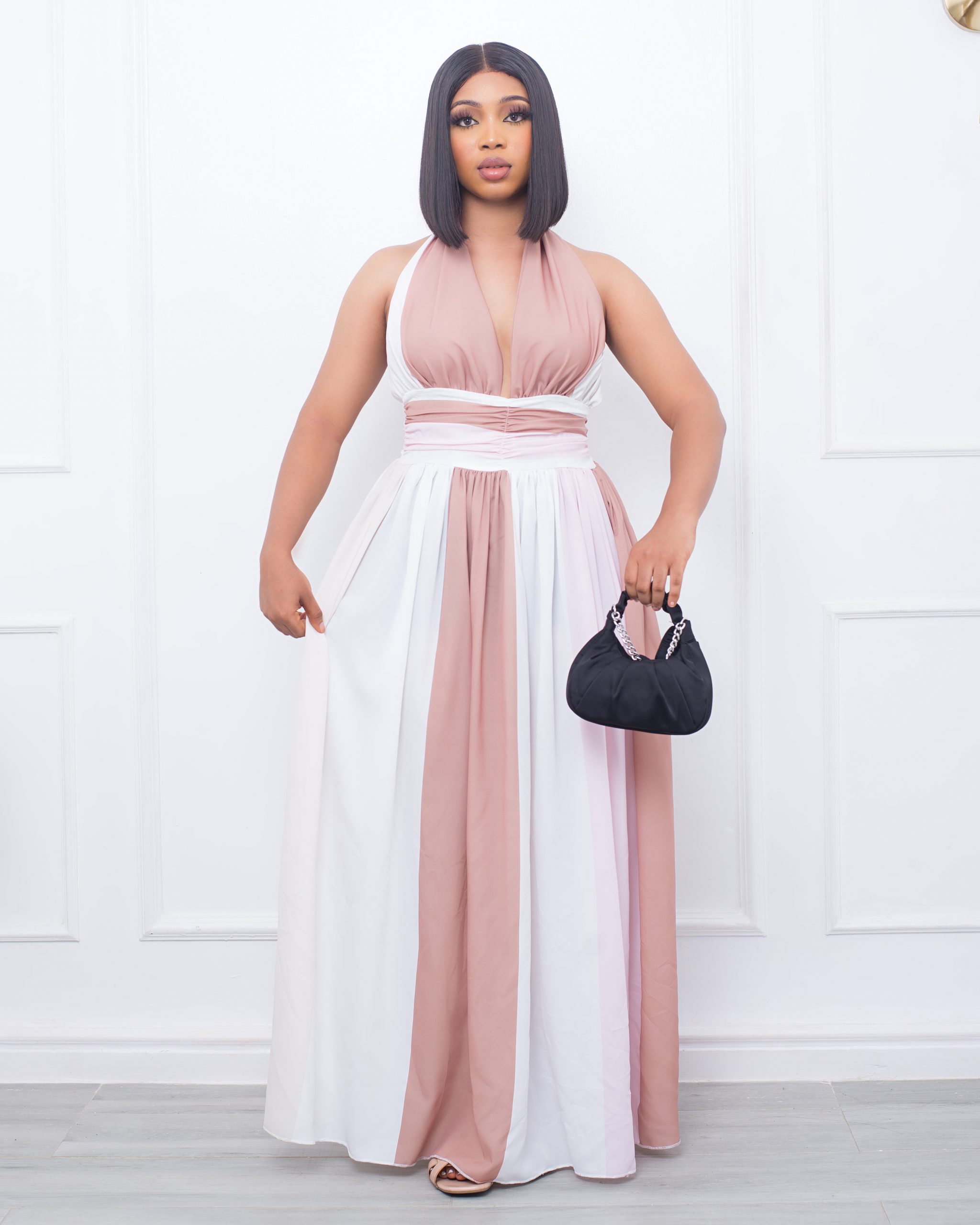 Pink/Nude and White Strip Halter Neck Dress | Andrias World