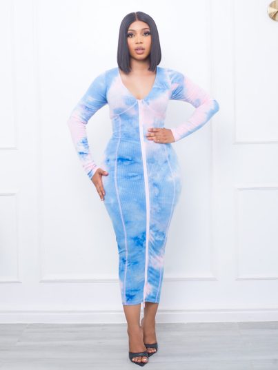 Blue and Pink Bodycon Deep V-Neck Long Sleeve Dress