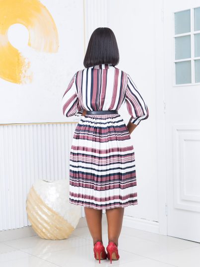 WHITE AND BROWN STRIPPED PLEATED DRESS