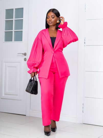 PINK JACKET WITH PLEATED SLEEVES AND TROUSER SET