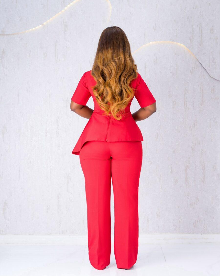 Red Trouser Set With Lace Collar