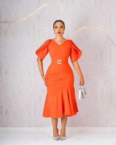 Orange FishTail Belted Dress