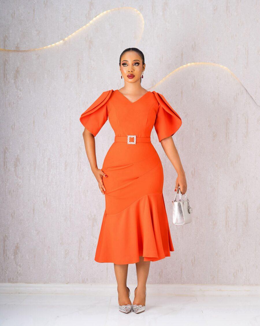 Orange FishTail Belted Dress