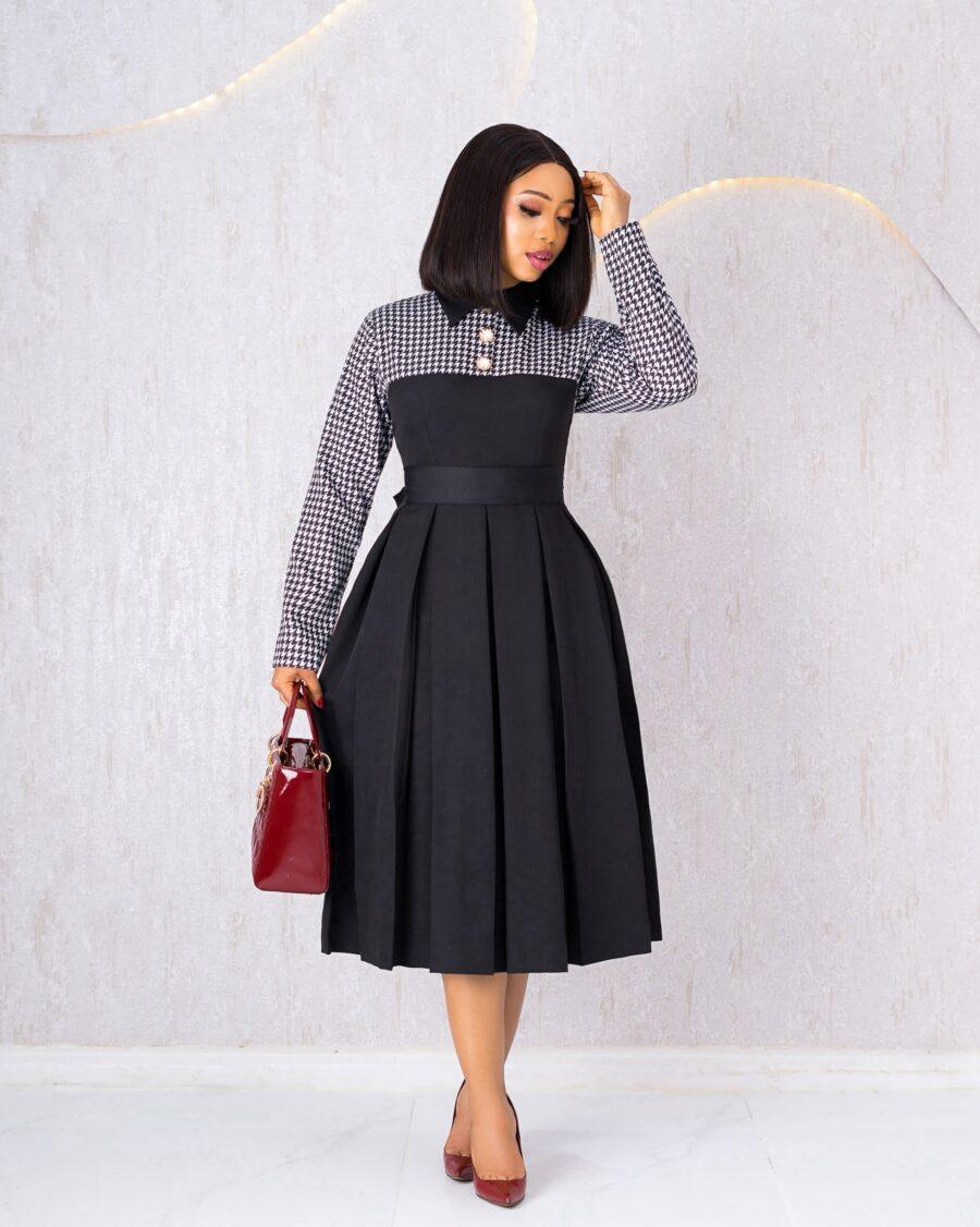 Black Houndstooth Pleated Dress