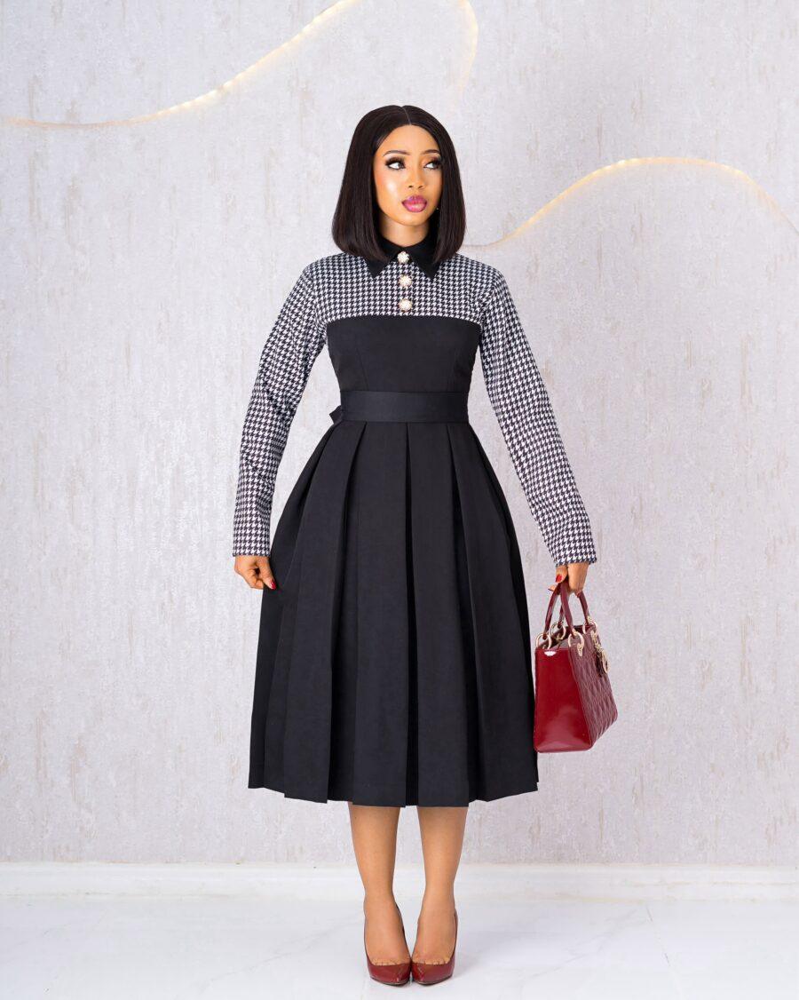 Black Houndstooth Pleated Dress