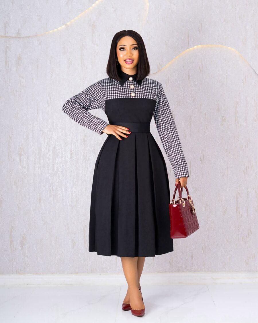 Black Houndstooth Pleated Dress