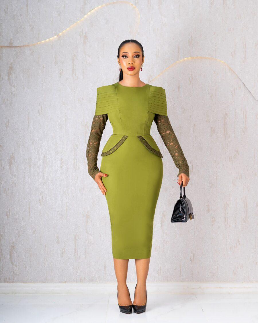 Olive Dress With Lace Sleeves