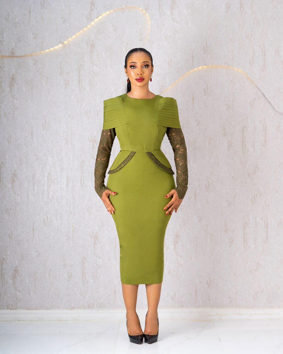 Olive Dress With Lace Sleeves