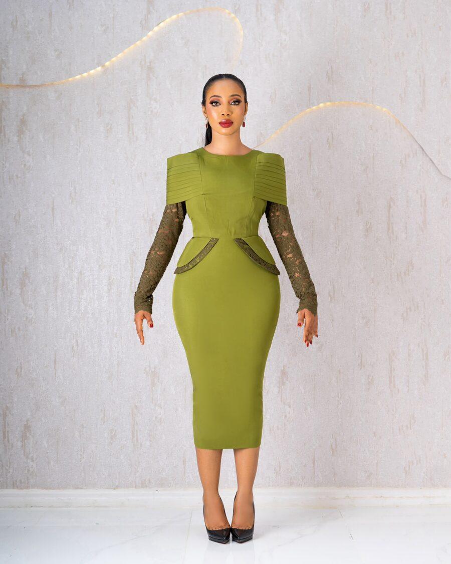 Olive Dress With Lace Sleeves