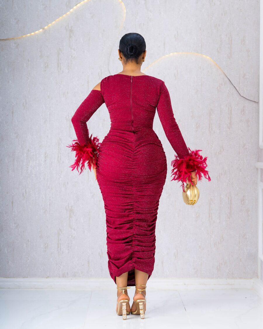 WINE RUCHED DRESS WITH FEATHERS