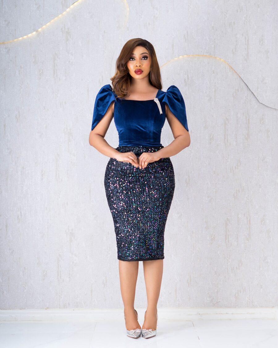 NAVY SHIMMER SKIRT AND VELVET TOP SET