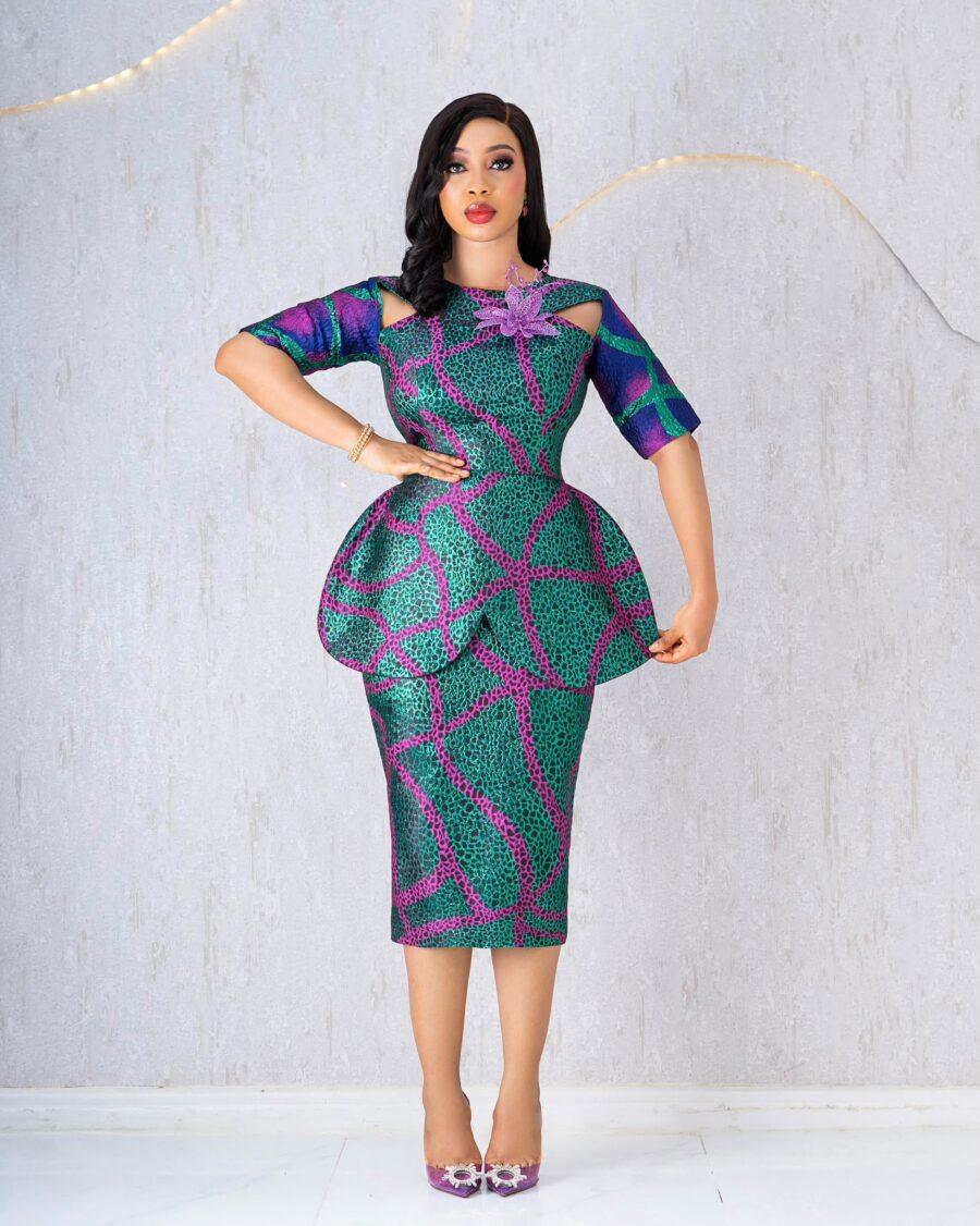 GREEN PATTERN PEPLUM DAMASK DRESS