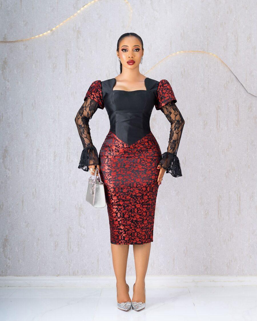 RED AND BLACK DAMASK DRESS