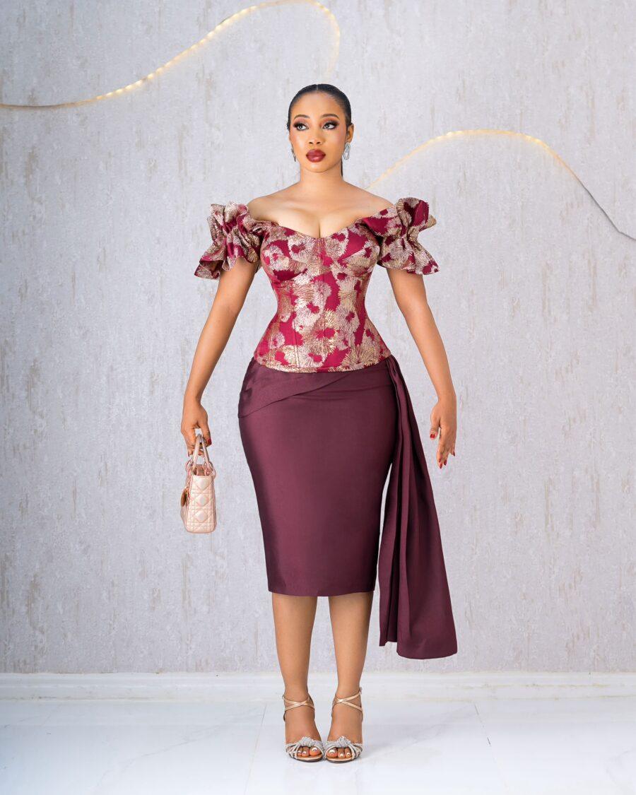 WINE DAMASK CORSET + WINE MIKADO SKIRT