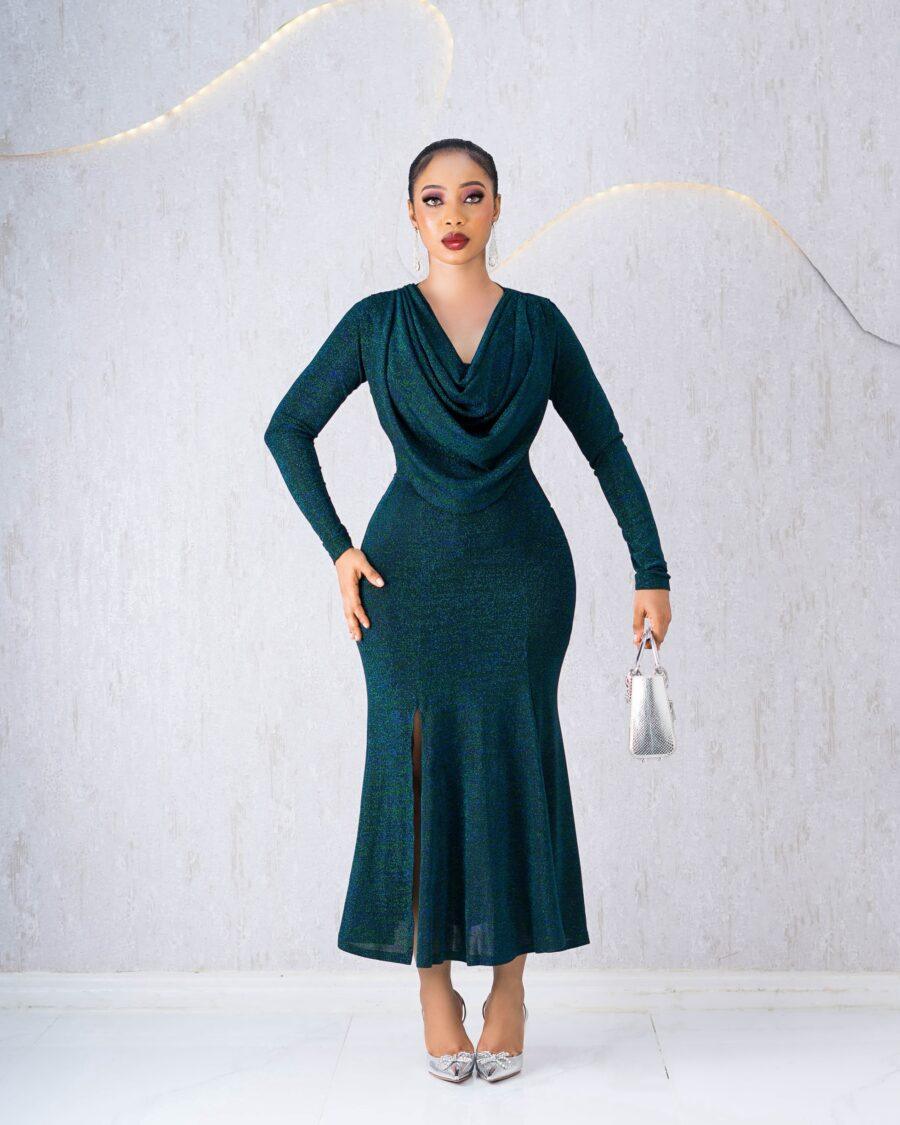 GREEN SHIMMER COWL NECK DRESS