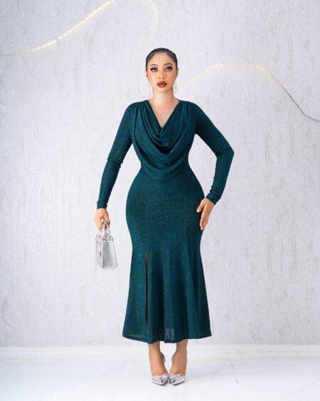 GREEN SHIMMER COWL NECK DRESS