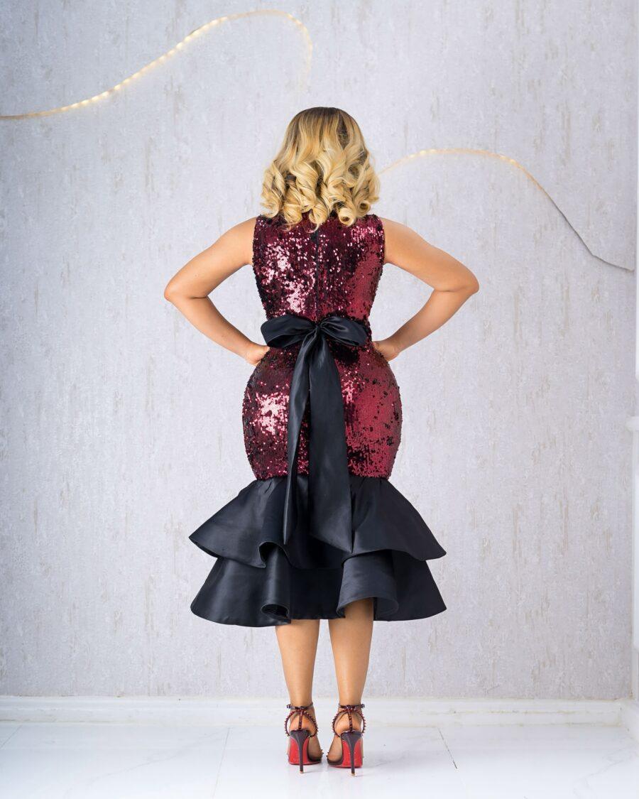 WINE SEQUIN FISHTAIL DRESS