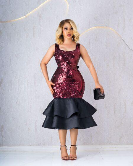 WINE SEQUIN FISHTAIL DRESS