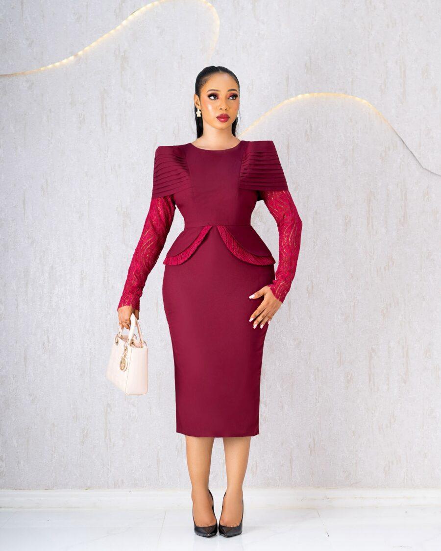 BURGUNDY DRESS WITH LACE SLEEVES