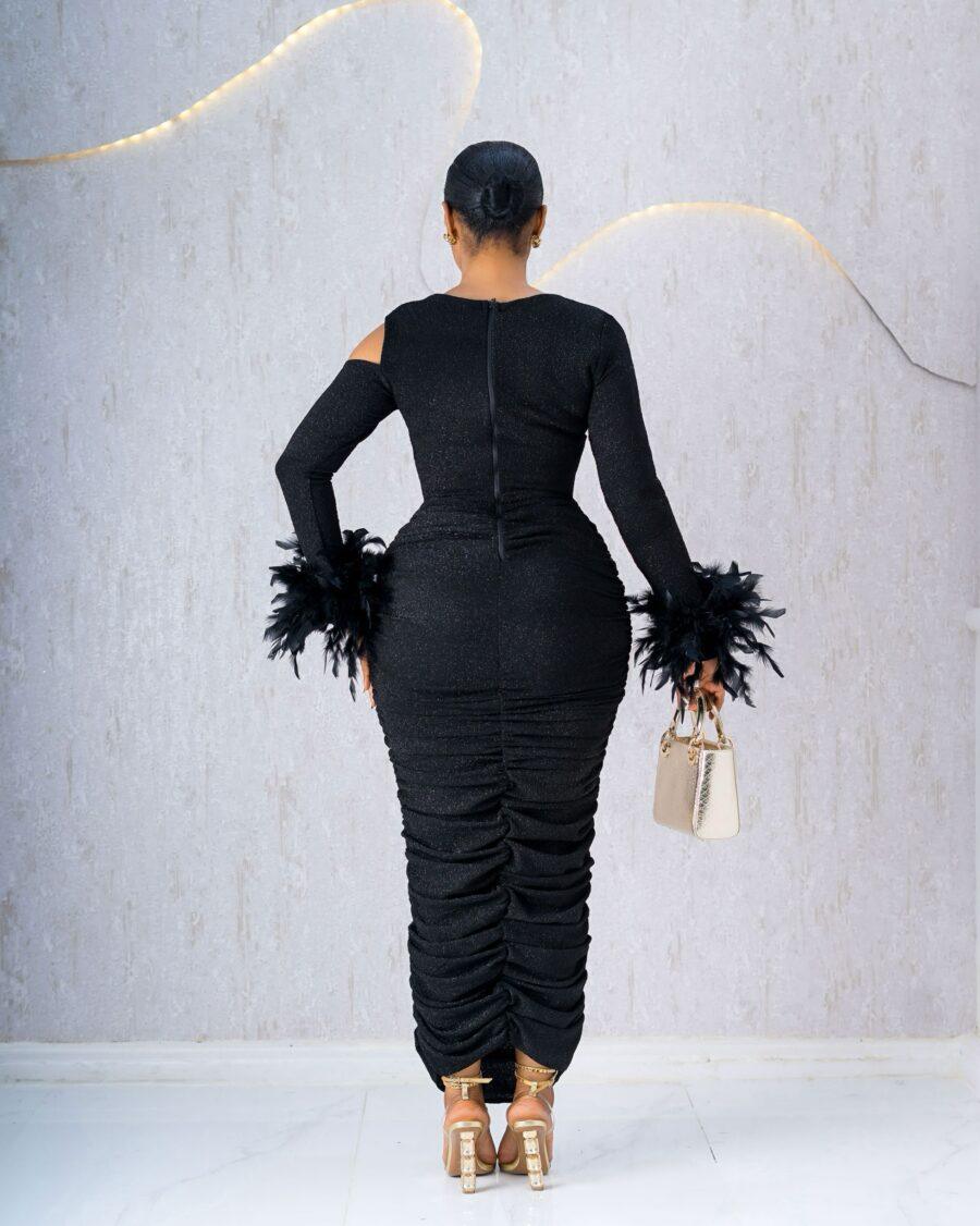 Black Cut-Out Ruched Feather Dress