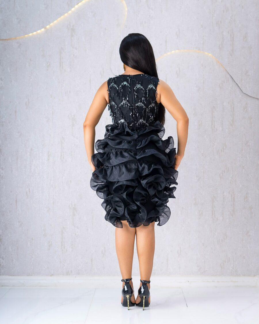 BLACK SHIMMER DRESS WITH MESH RUFFLES