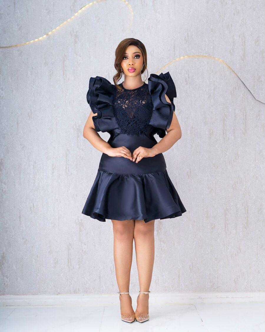 BLUE FRILLS DRESS WITH LACE EMBROIDERY