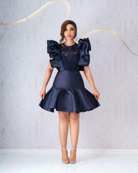 BLUE FRILLS DRESS WITH LACE EMBROIDERY