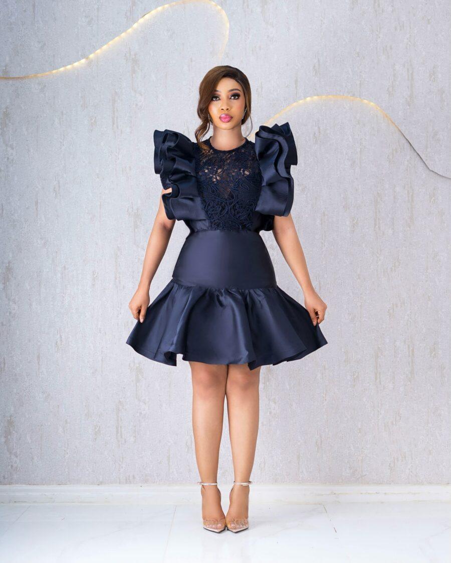 BLUE FRILLS DRESS WITH LACE EMBROIDERY