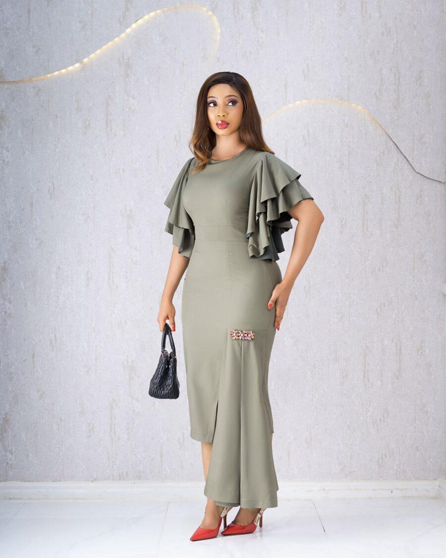 GREEN RUFFLED SLEEVES FISHTAIL DRESS