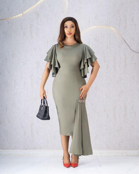 GREEN RUFFLED SLEEVES FISHTAIL DRESS