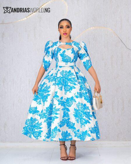 BLUE FLORAL CUT-OUT DAMASK DRESS