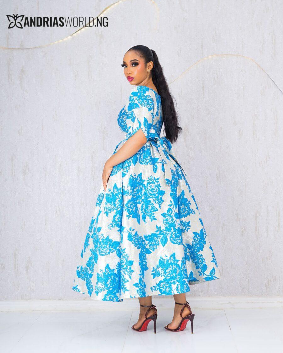 BLUE FLORAL CUT-OUT DAMASK DRESS