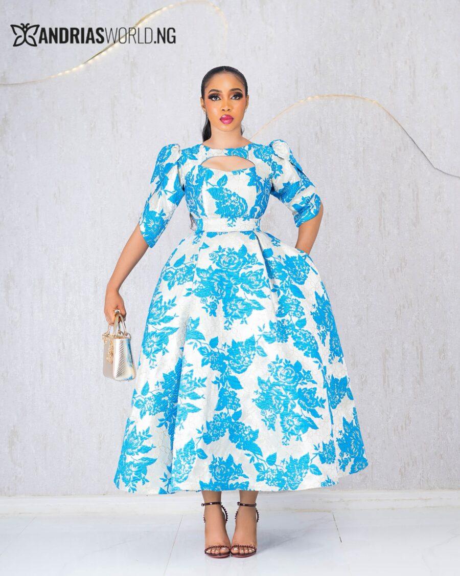 BLUE FLORAL CUT-OUT DAMASK DRESS