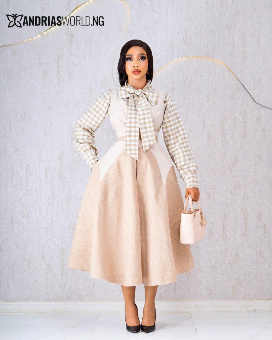 CREAM TWEED PINAFORE WITH CHECK TOP