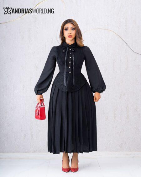 BLACK PLEATED DRESS WITH CHIFFON SLEEVES