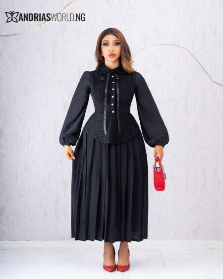 BLACK PLEATED DRESS WITH CHIFFON SLEEVES