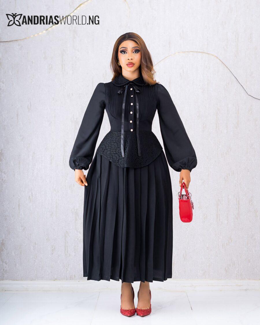 BLACK PLEATED DRESS WITH CHIFFON SLEEVES