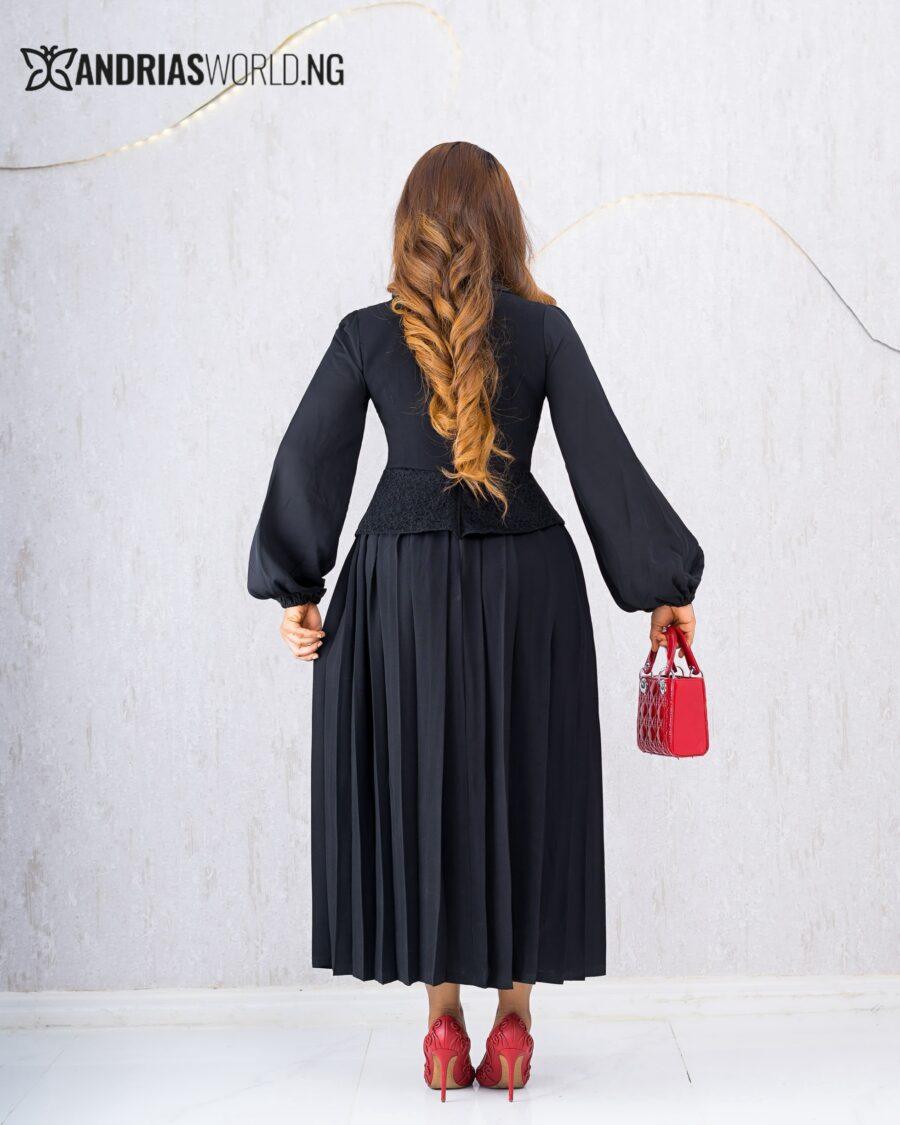 BLACK PLEATED DRESS WITH CHIFFON SLEEVES