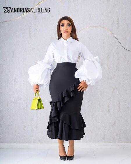 BLACK RUFFLE SKIRT AND WHITE PUFFY SLEEVE SHIRT