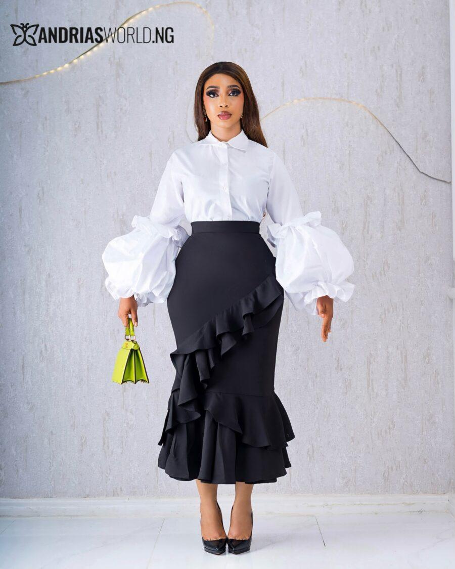 BLACK RUFFLE SKIRT AND WHITE PUFFY SLEEVE SHIRT